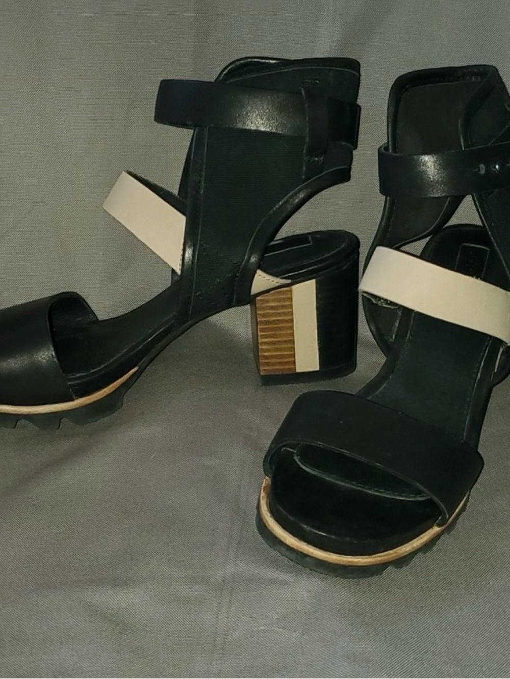 Sorel Black and Cream Block Heel Sandals